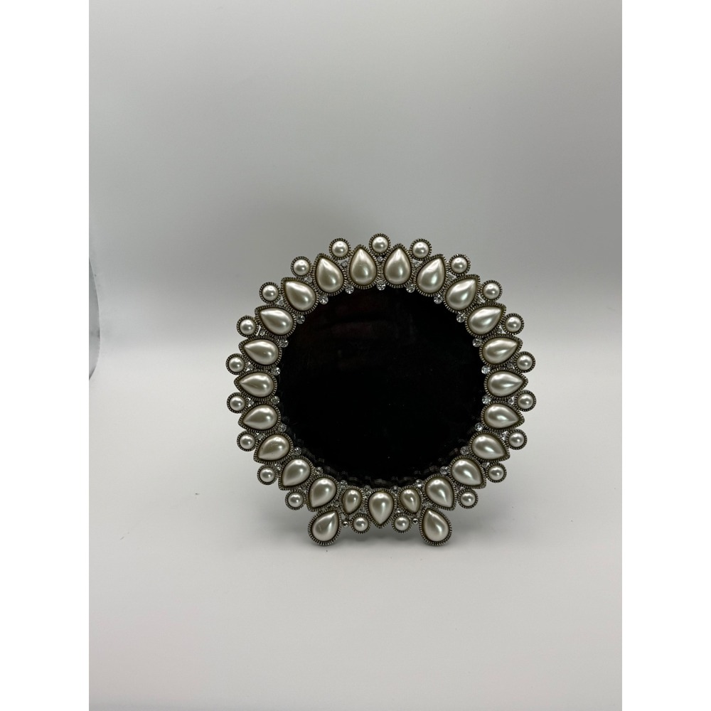 Decorative Jeweled Picture Frame Pearl Rhinestone Ornate Tabletop Silver Tone